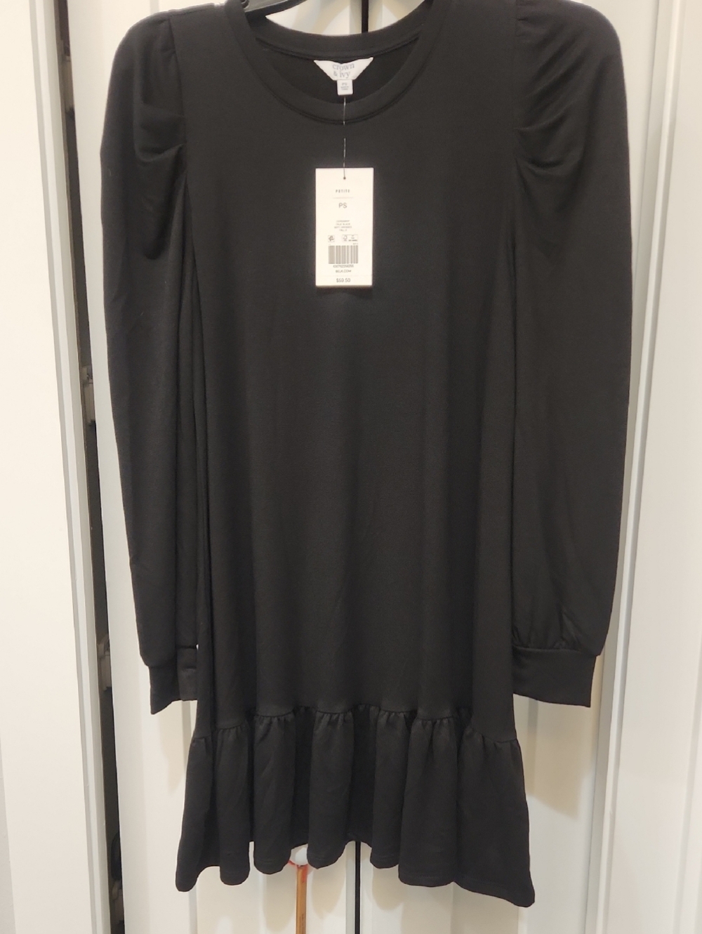 Crown & Ivy Black Long-Sleeve Puff-Ruffle Hem Dress - Petite Small